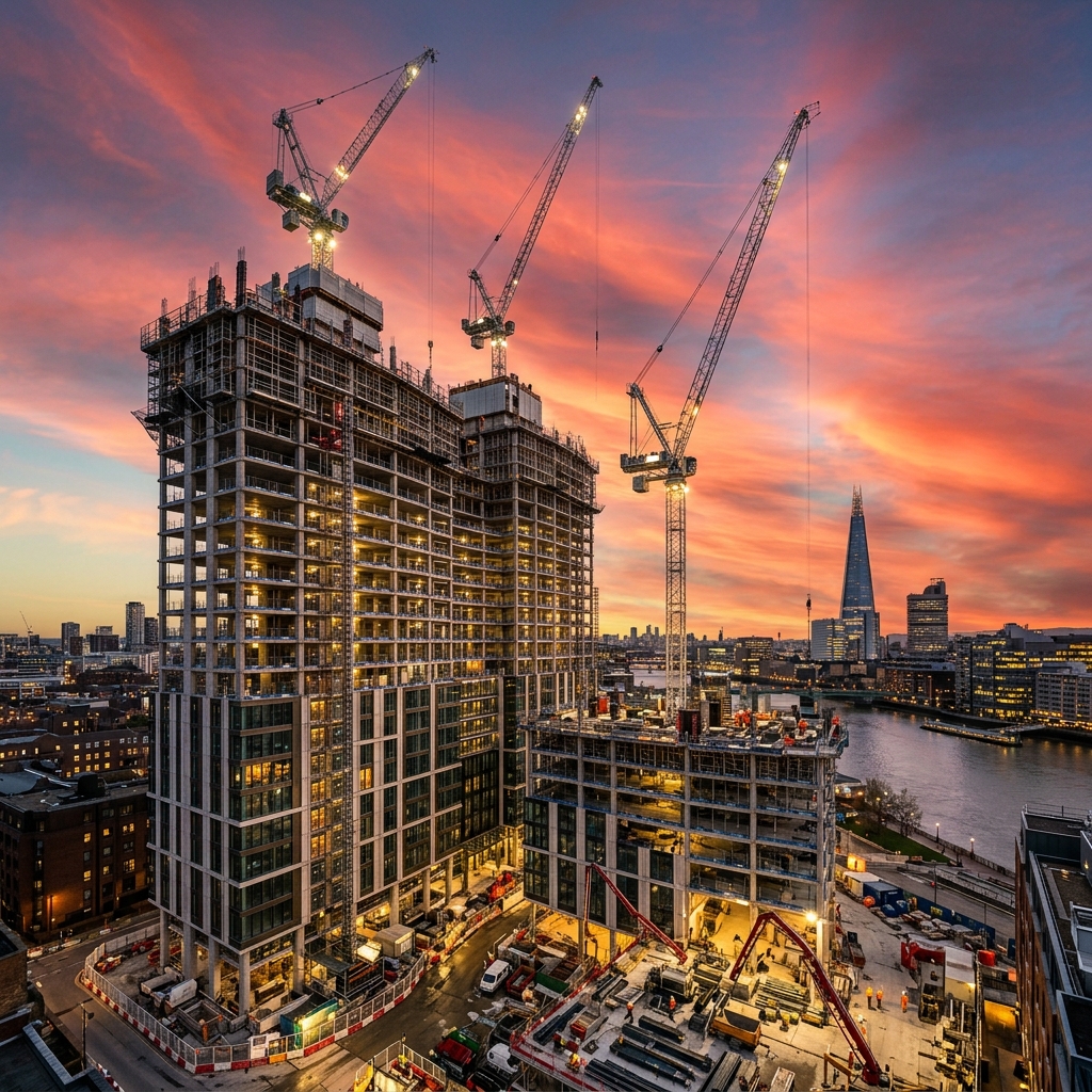 Modern construction site at sunset